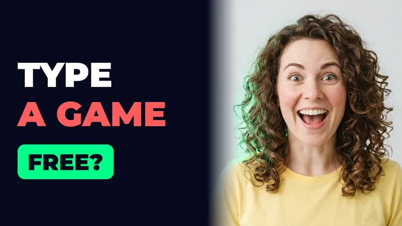 An example episode thumbnail in the show's style: the words TYPE A GAME FREE? beside a smiling woman.